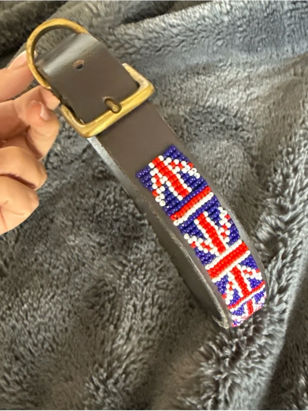 UK British Flag 🇬🇧 beaded brown leather large dog collar